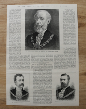 Holzstich London 1885 Zeitungsartikel der neue Oberbürgermeister und Sheriffs von London